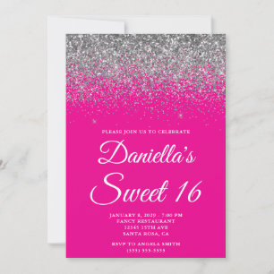 Sparkly Silver Glitter Hot Pink Sweet 16 Invitation