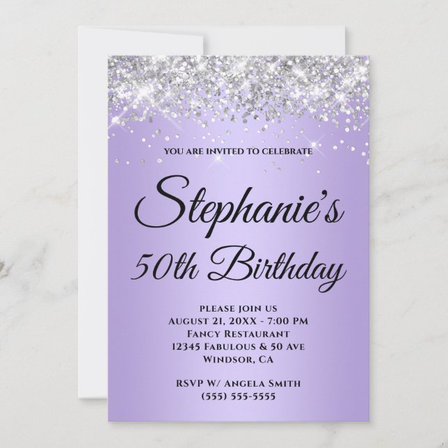 Sparkly Silver Glitter Lavender Purple Gradient Invitation (Front)