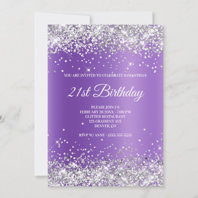 Sparkly Silver Glitter Lavender Purple Gradient Invitation (Front)