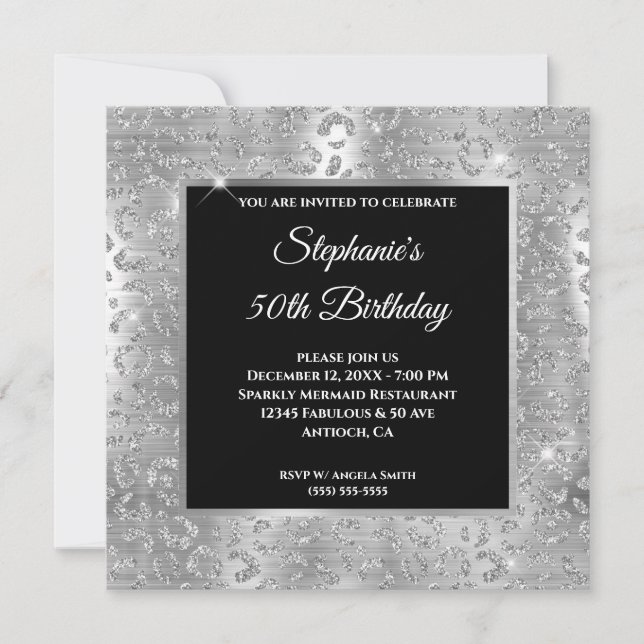 Sparkly Silver Glitter Leopard Print Birthday Invitation (Front)