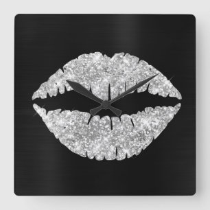 Sparkly Silver Glitter Lipstick Black Foil Square Wall Clock