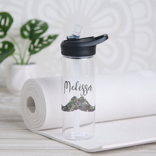 Sparkly silver glitter Moustache Monogram name Water Bottle (Yoga)