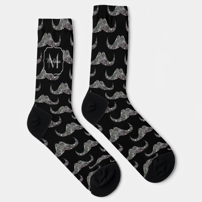 Sparkly silver glitter Moustache pattern Monogram Socks (Right)