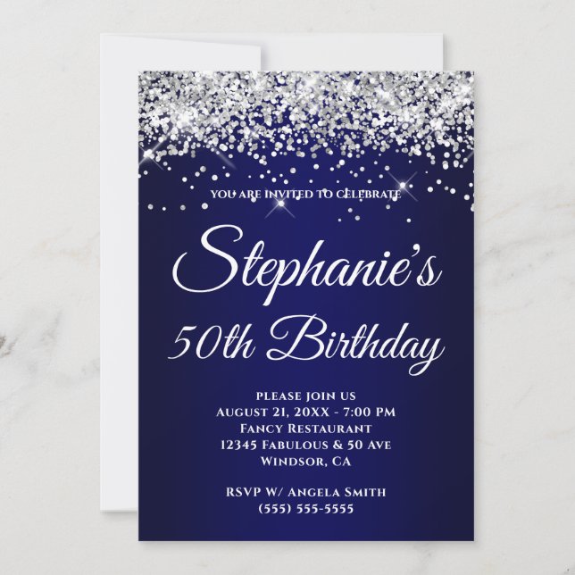 Sparkly Silver Glitter Navy Gradient Invitation (Front)