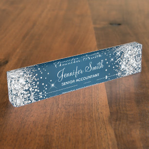 Sparkly Silver Glitter Ocean Blue Gradient Nameplate