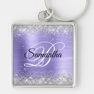 Sparkly Silver Glitter Periwinkle Foil Monogram Keychain