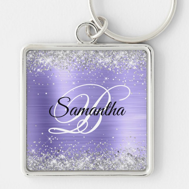 Sparkly Silver Glitter Periwinkle Foil Monogram Keychain (Front)