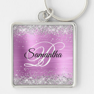 Sparkly Silver Glitter Pink Lavender Foil Monogram Keychain
