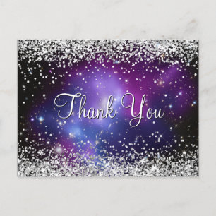 Sparkly Silver Glitter Purple Celestial Thank You Postcard
