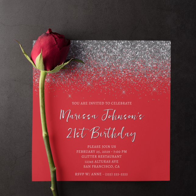 Sparkly Silver Glitter Red 21st Birthday Invitation (Sparkly Silver Glitter Red 21st Birthday Invitation)