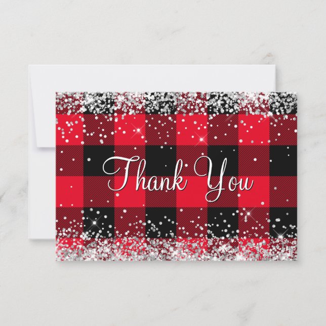 Sparkly Silver Glitter Red Buffalo Plaid Thank You Card (Front)