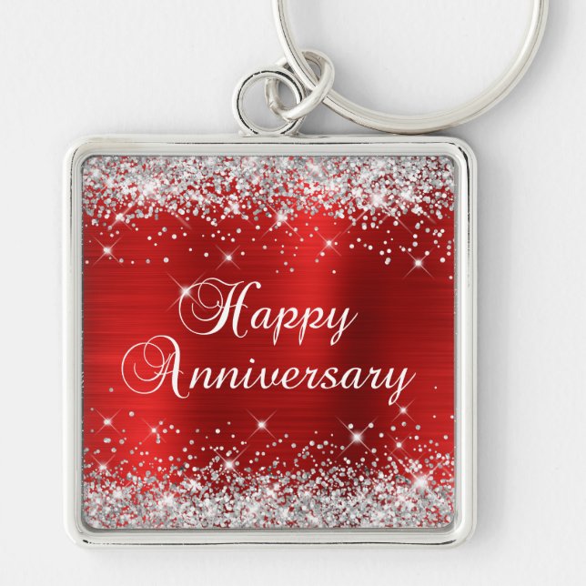 Sparkly Silver Glitter Red Foil Happy Anniversary Keychain (Front)