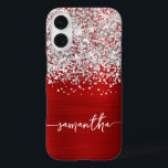 Sparkly Silver Glitter Red Glam Name iPhone 16 Case<br><div class="desc">Customize the modern handwritten style script with swash glyphs to create your own personalized case. Delete the symbols if you'd like the script alone. Add a monogram initial to create a first name initial combination. Girly faux silver glitter and brushed red metal foil digital art will print like a photo....</div>
