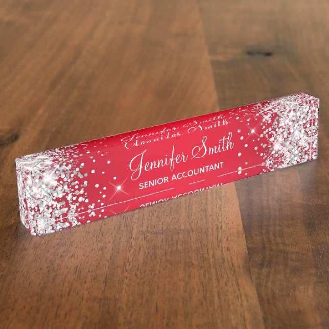 Sparkly Silver Glitter Red Gradient Nameplate (Side)