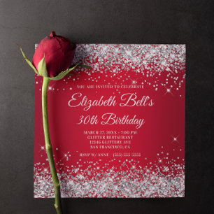 Sparkly Silver Glitter Red Ombre 30th Birthday Invitation