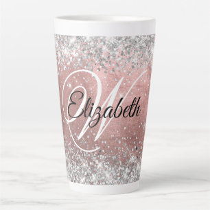 Sparkly Silver Glitter Rose Blush Foil Monogram Latte Mug