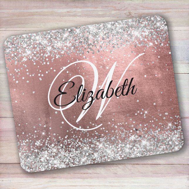 Sparkly Silver Glitter Rose Blush Foil Monogram Mouse Pad (Creator Uploaded)