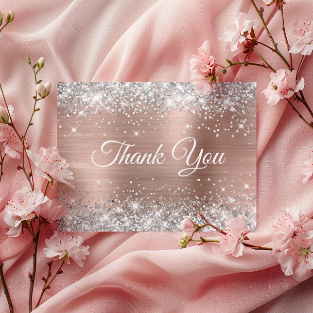 Sparkly Silver Glitter Rose Gold Foil Thank You Postcard (Sparkly Silver Glitter Rose Gold Foil Thank You Postcard)