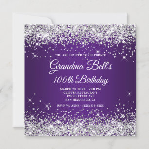 Sparkly Silver Glitter Royal Purple 100th Birthday Invitation