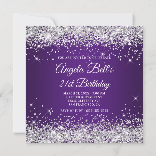 Sparkly Silver Glitter Royal Purple 21st Birthday Invitation (Front)