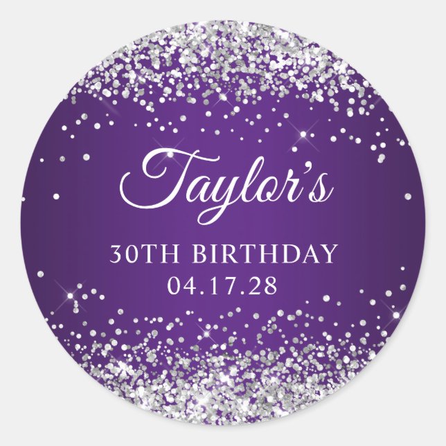 Sparkly Silver Glitter Royal Purple 30th Birthday Classic Round Sticker (Front)