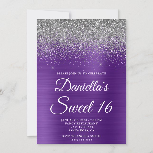 Sparkly Silver Glitter Royal Purple Foil Sweet 16 Invitation (Front)