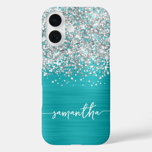 Sparkly Silver Glitter Turquoise Blue Glam Name Case-Mate iPhone Case (Back)