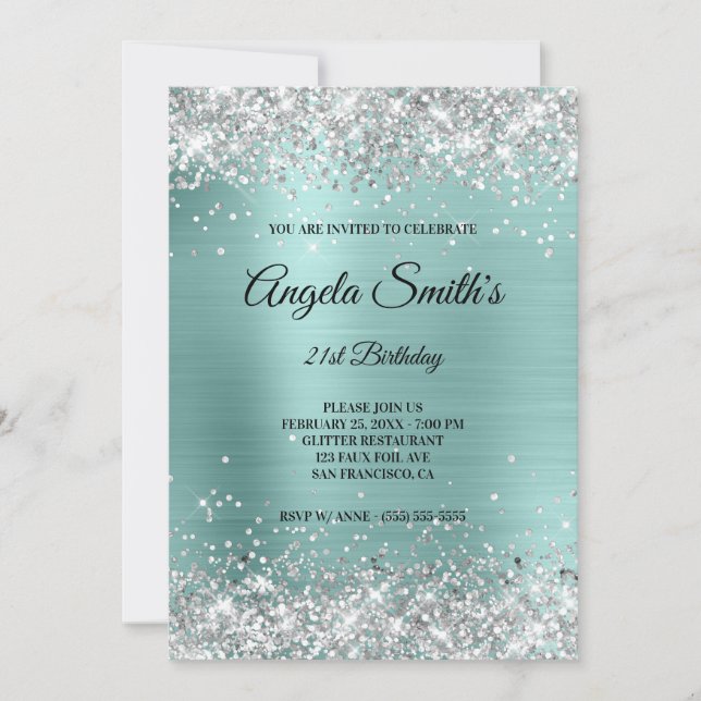 Sparkly Silver Glitter Turquoise Foil Monogram Invitation (Front)