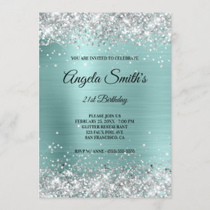 Sparkly Silver Glitter Turquoise Foil Monogram Invitation