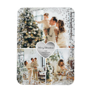 Sparkly Silver Heart Photo Merry Christmas Magnet