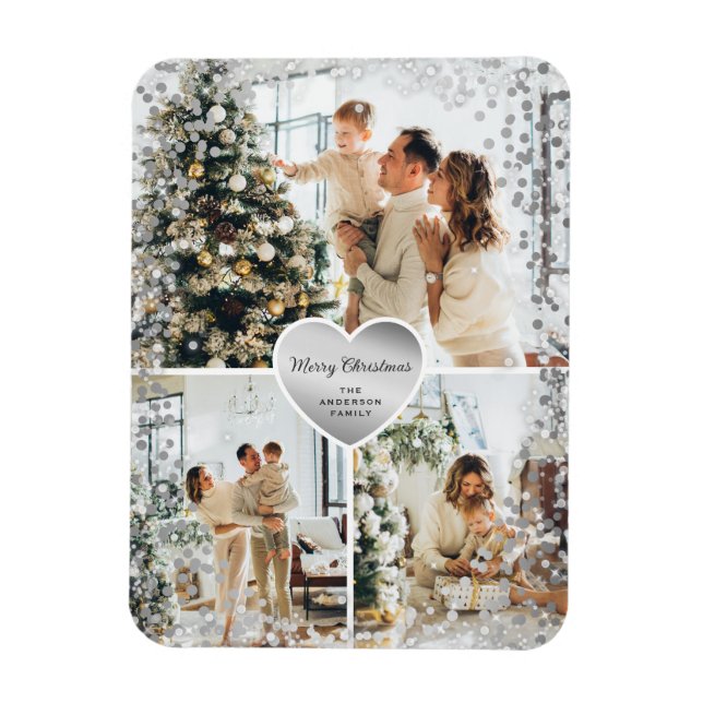 Sparkly Silver Heart Photo Merry Christmas Magnet (Vertical)