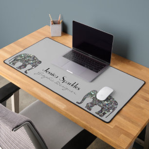 Sparkly silver mosaic Elephant custom name grey Desk Mat
