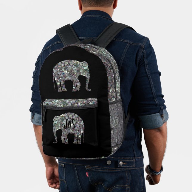 Sparkly silver mosaic Elephant Monogram on black Printed Backpack (Insitu (Model))