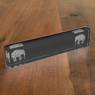 Sparkly silver mosaic glitter Elephant black Nameplate