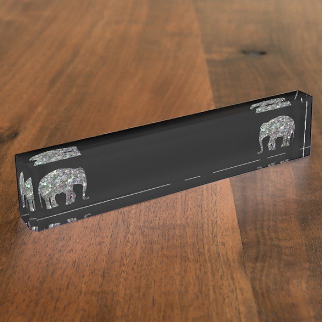 Sparkly silver mosaic glitter Elephant black Nameplate (Side)