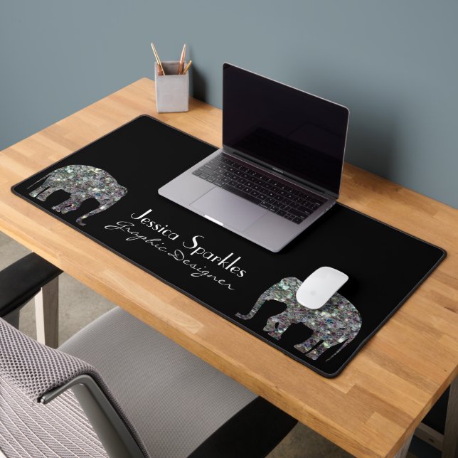 Sparkly silver mosaic glitter Elephant custom name Desk Mat (Office 2)
