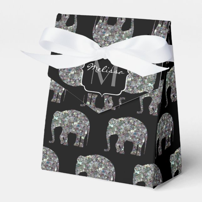 Sparkly silver mosaic glitter Elephant Monogram Favor Box (Front Side)