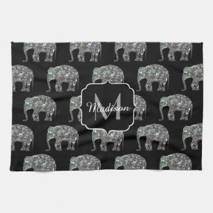 Sparkly silver mosaic glitter Elephant Monogram Kitchen Towel