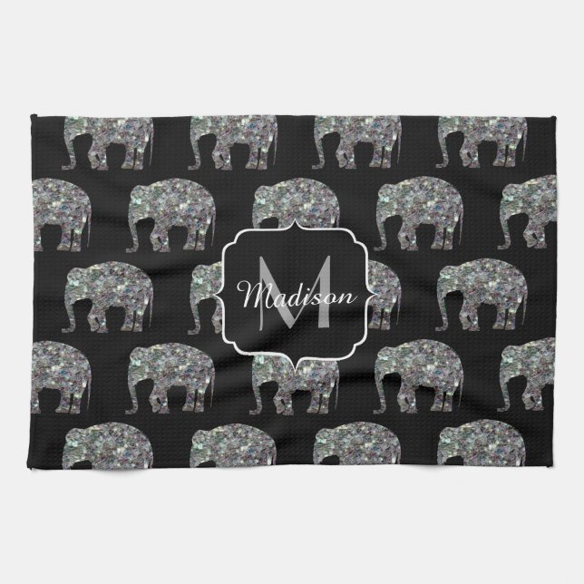 Sparkly silver mosaic glitter Elephant Monogram Kitchen Towel (Horizontal)