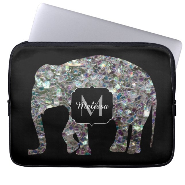 Sparkly silver mosaic glitter Elephant Monogram Laptop Sleeve (Front)