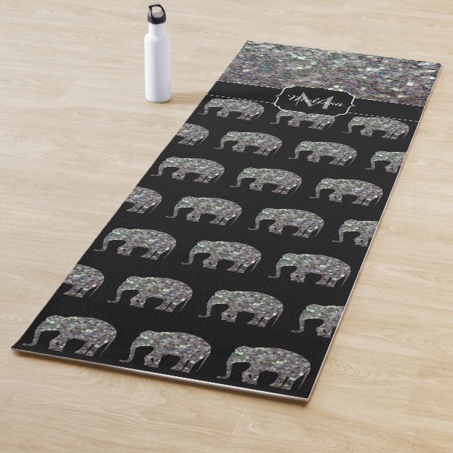 Sparkly silver mosaic glitter Elephant Monogram Yoga Mat (In Situ)