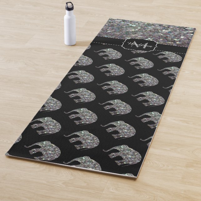 Sparkly silver mosaic glitter Elephant Monogram Yoga Mat (In Situ)