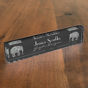 Sparkly silver mosaic glitter Elephant Nameplate
