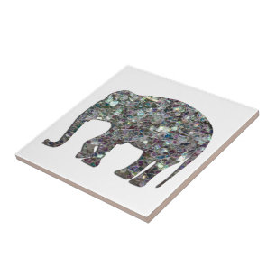 Sparkly silver mosaic glitter Elephant on white Tile