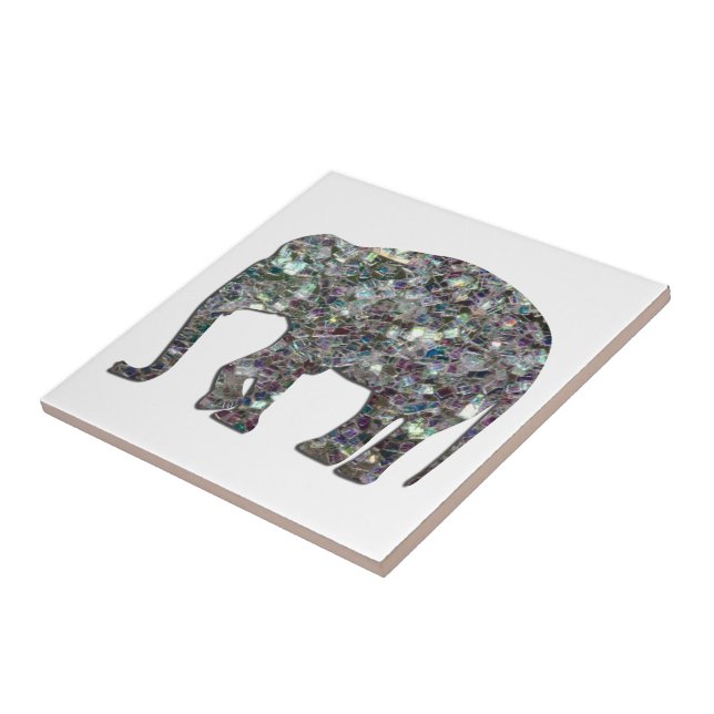 Sparkly silver mosaic glitter Elephant on white Tile (Side)
