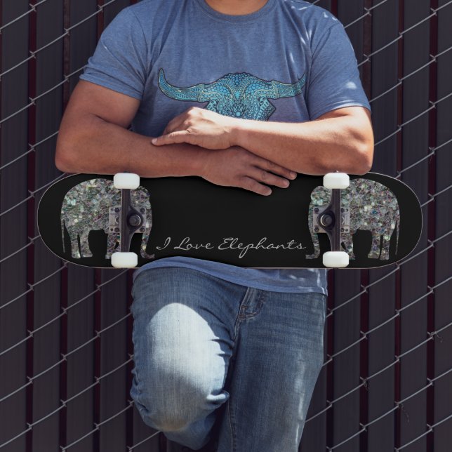 Sparkly silver mosaic glitter Elephant Personalize Skateboard (Outdoor 3)