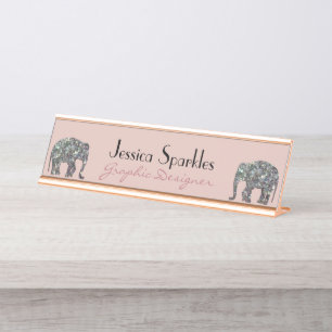 Sparkly silver mosaic glitter Elephant rose pink Desk Name Plate