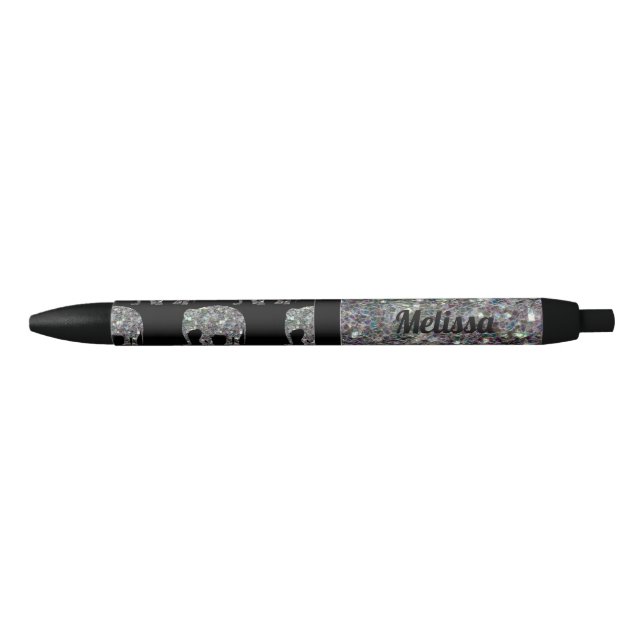 Sparkly silver mosaic glitter Elephant Your name Black Ink Pen (Front)