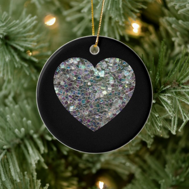 Sparkly silver mosaic glitter Heart Ceramic Ornament (Tree)