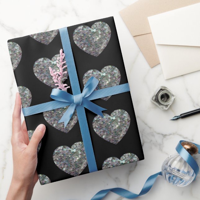 Sparkly silver mosaic Heart pattern black Wrapping Paper (Gifting)